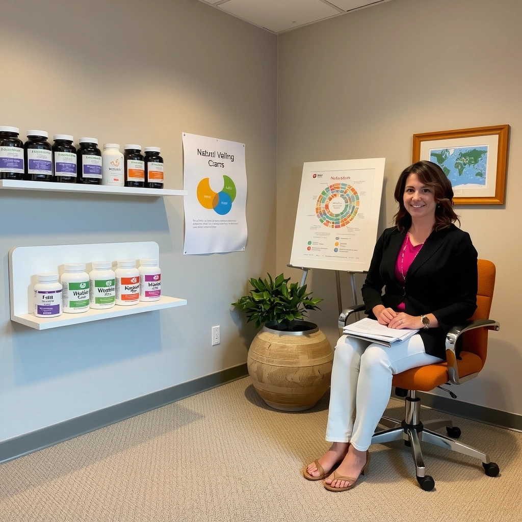 Private consultation room with nutritionist and natural vitamin supplements display